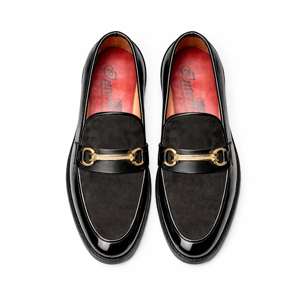 Mens Black Slip On Loafer with Metal Bar Detail